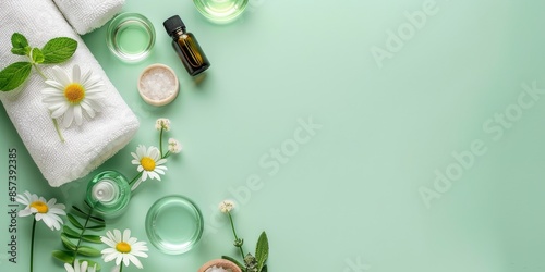 Spa essentials with mint and lemon on green background photo