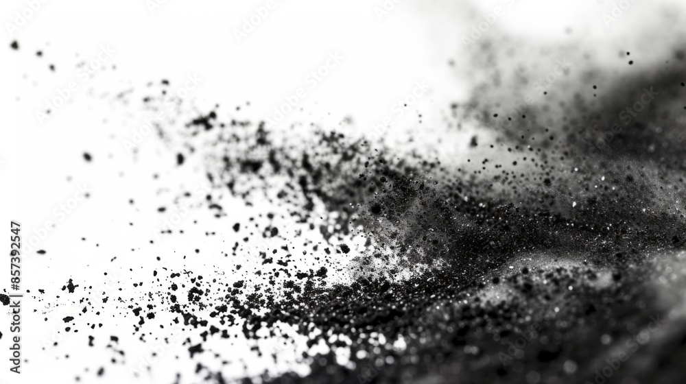 Close-up photograph capturing black dust particles against a white background Close-up photograph capturing black dust particles against a white background