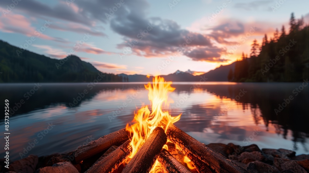 Picturesque lakeside campsite at dusk, campfire glowing warmly, trees ...