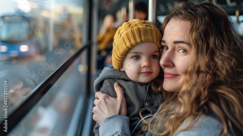 A heartfelt scene of a mother holding her young child while sitting on a bus, with an urban setting visible through the window, capturing a tender moment of connection. photo