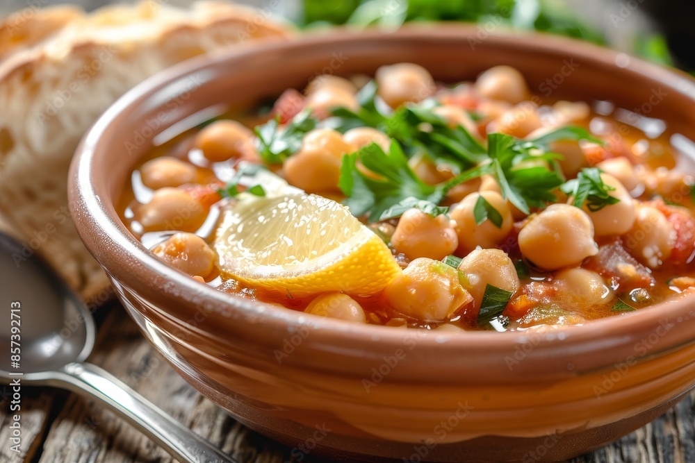 Delicious chickpea soup with lemon and bread Delicious chickpea soup with lemon and bread
