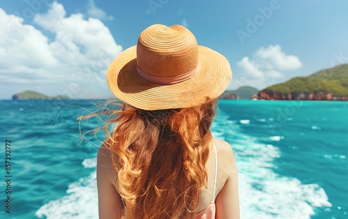 Woman looking at tropical islands landscape from boat. Summer travel and vacation concept. Traveling and yachting.  © dreamdes