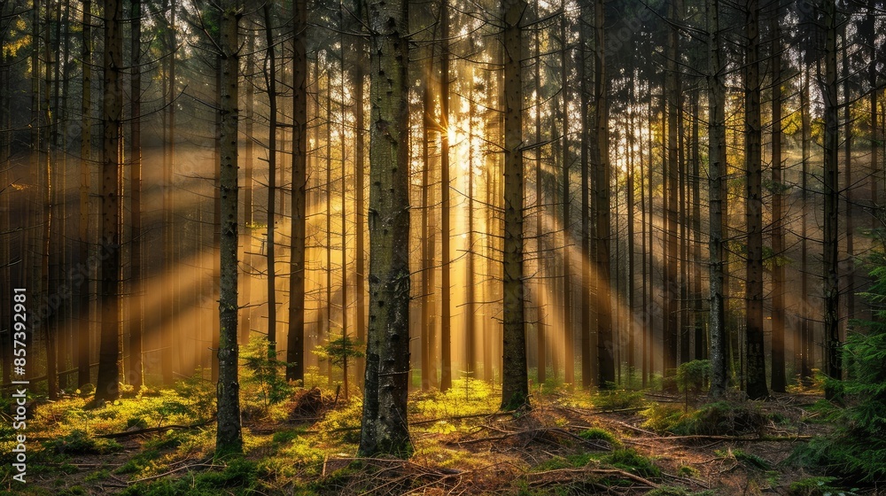 Obraz premium Golden hour sunlight streaming through forest