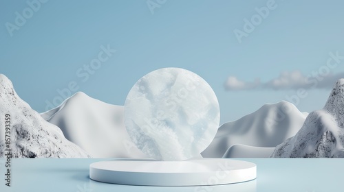 Snowy winter setting with a 3D ice podium, mountain background, frozen white display stand, blue sky and floor, minimal rock and glacier details, perfect for cosmetic products © JP STUDIO LAB
