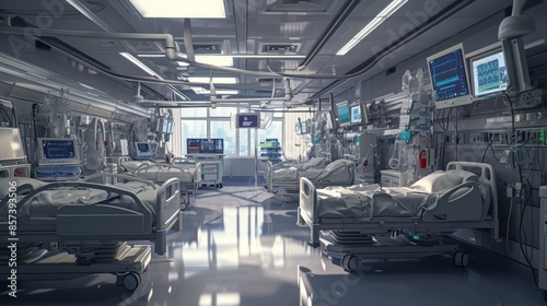 Hospital ICU room filled with medical equipment and monitors © AlfaSmart