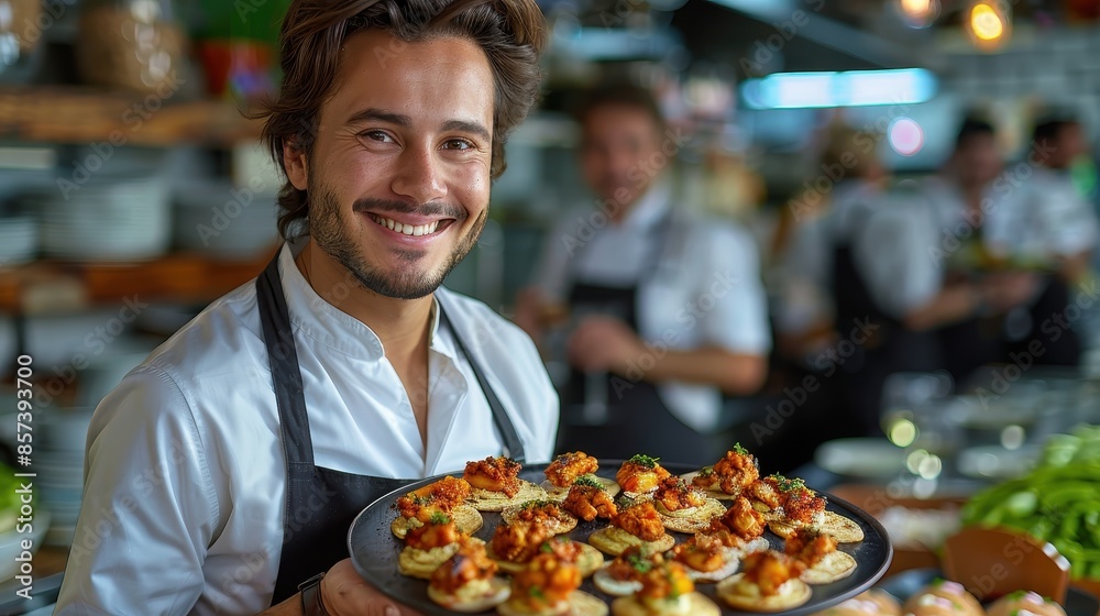 A cheerful chef, wearing a white coat and black apron, presents a tray of delicious appetizers in a bustling kitchen environment with colleagues in the background. A cheerful chef, wearing a white coat and black apron, presents a tray of delicious appetizers in a bustling kitchen environment with colleagues in the background.