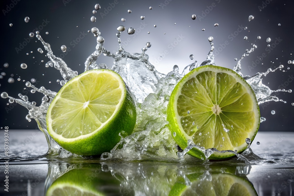 Two pieces of lime scatter amid splashes on a white background Two pieces of lime scatter amid splashes on a white background