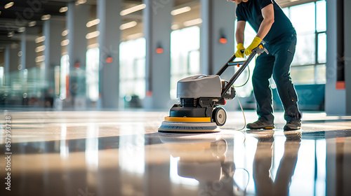 Janitor using a floor polishing machine in a spacious, brightly lit building with polished, glossy floors. Concept of professional cleaning, facility maintenance, and sanitation.  © YOUCEF