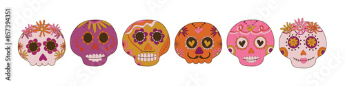 Sugar skulls decorated by design elements and colorful floral ornament. Mexican national holiday Day of the dead. Festive banner templates for Dia de los muertos. Vector illustration