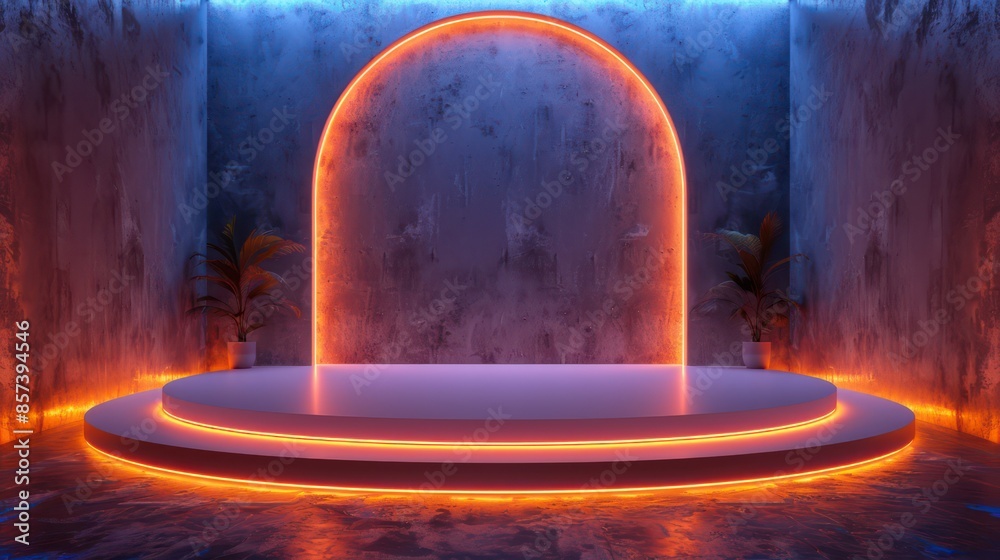 A visually striking futuristic room featuring a neon-lit circular stage surrounded by soft blue and orange ambient lighting, creating a modern and vibrant atmosphere. A visually striking futuristic room featuring a neon-lit circular stage surrounded by soft blue and orange ambient lighting, creating a modern and vibrant atmosphere.