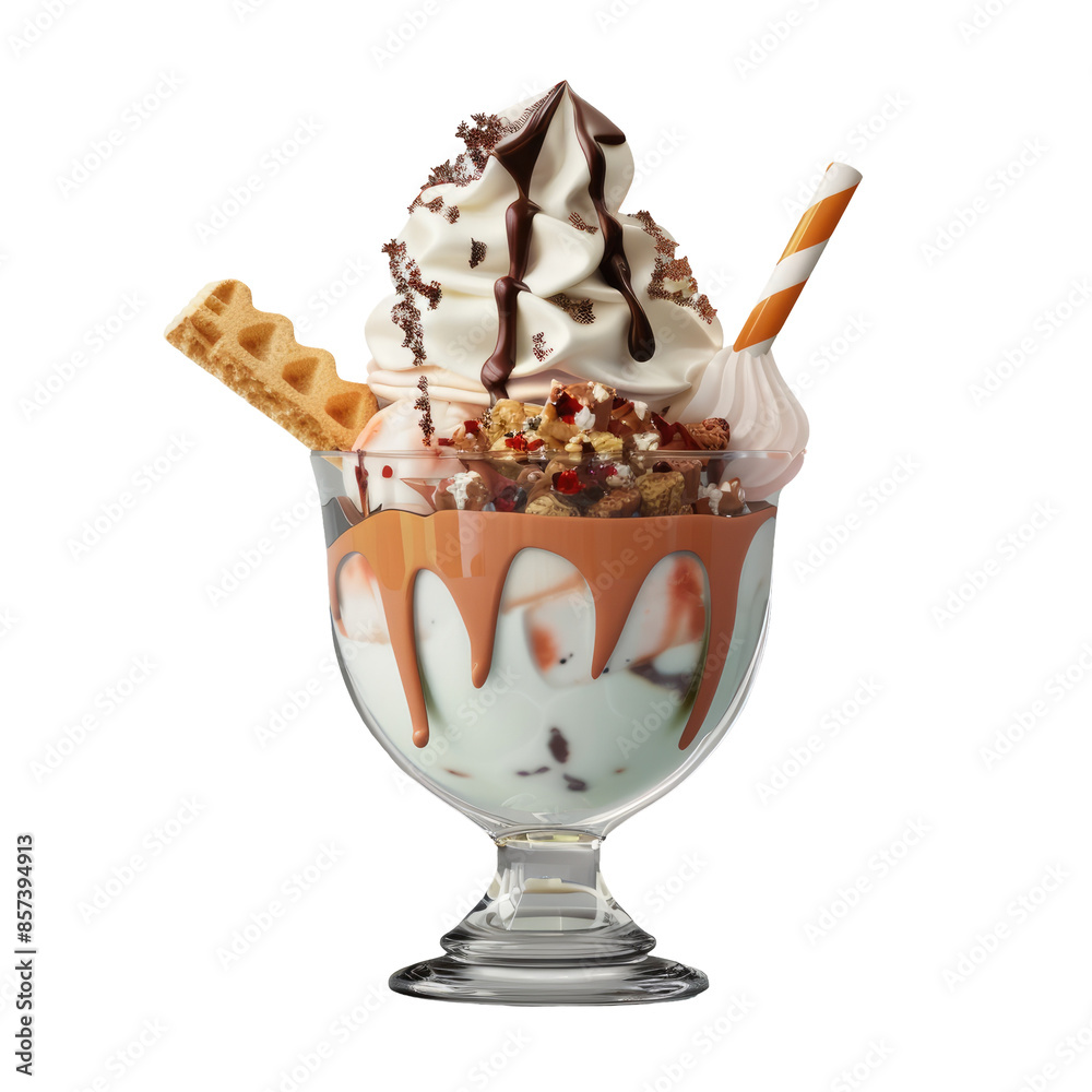 Sundae Stick Sundae ice cream in glass with wafer stick on transparent background ...