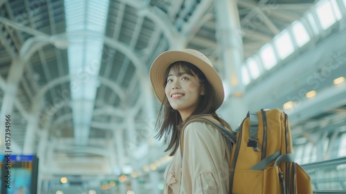 A woman wearing a straw hat and a brown backpack is smiling in an airport
