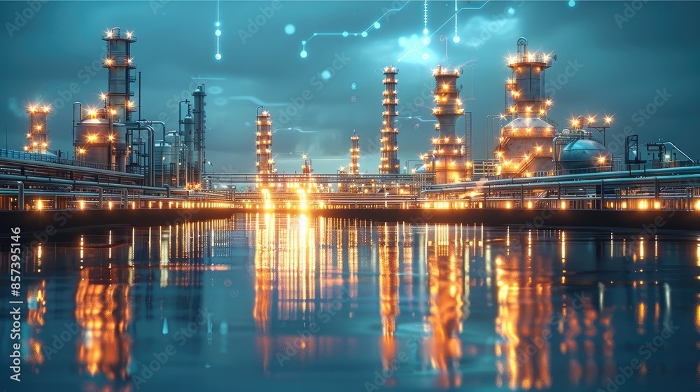 Fototapeta premium Oil and gas power plant refinery with storage tanks facility for oil production or petrochemical factory infrastructure and oil demand price chart concepts. Generative AI.