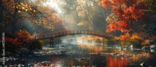 Tranquil river with autumn leaves and a wooden bridge photo