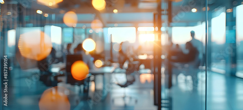 Blurred background of a busy office space, embodying a modern work environment	. Modern open space office interior or call centre with blurred business people.