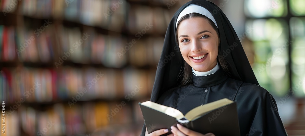 Religious banner featuring a serene nun with a bible in her hands in a picturesque church setting Religious banner featuring a serene nun with a bible in her hands in a picturesque church setting
