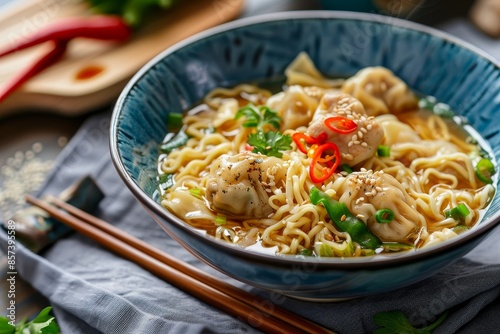 Egg noodle soup with pork dumplings and veggies Asian cuisine