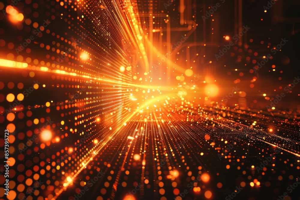 Abstract background with glowing orange light streaks and particles. ai generative
