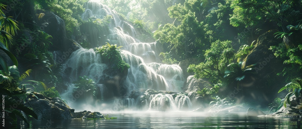 Tropical rainforest with a cascading waterfall Tropical rainforest with a cascading waterfall