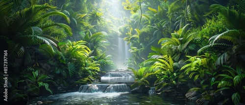 Tropical rainforest with dense foliage and a river photo