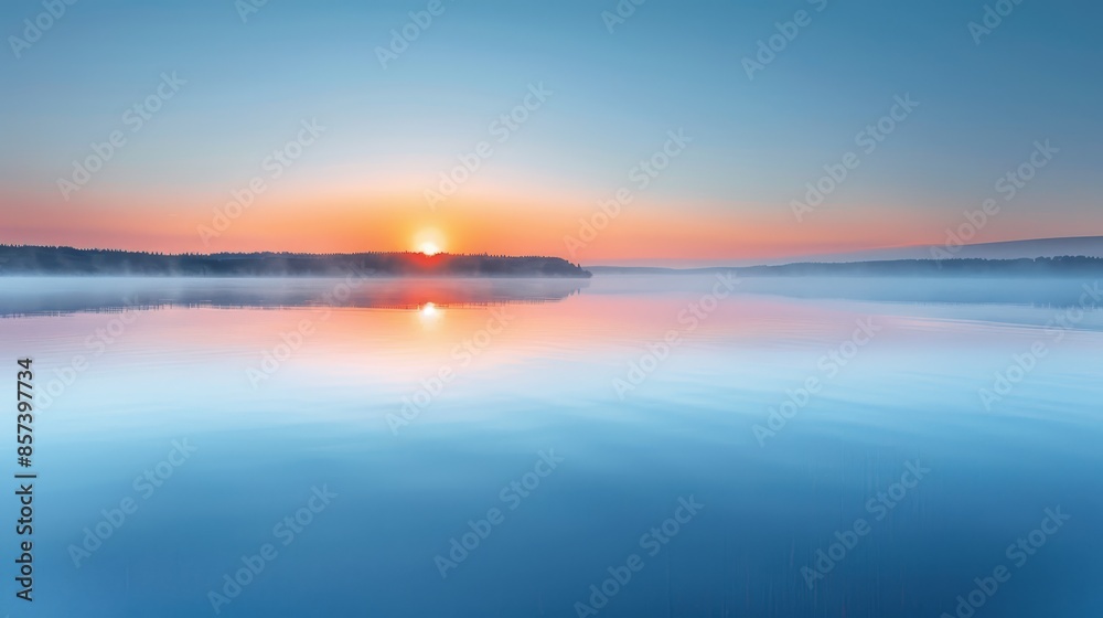 A serene sunset scene over a sizable water body The sun dips gradually into the horizon, casting an amber glow over the surface Trees line the opposite shore A serene sunset scene over a sizable water body The sun dips gradually into the horizon, casting an amber glow over the surface Trees line the opposite shore