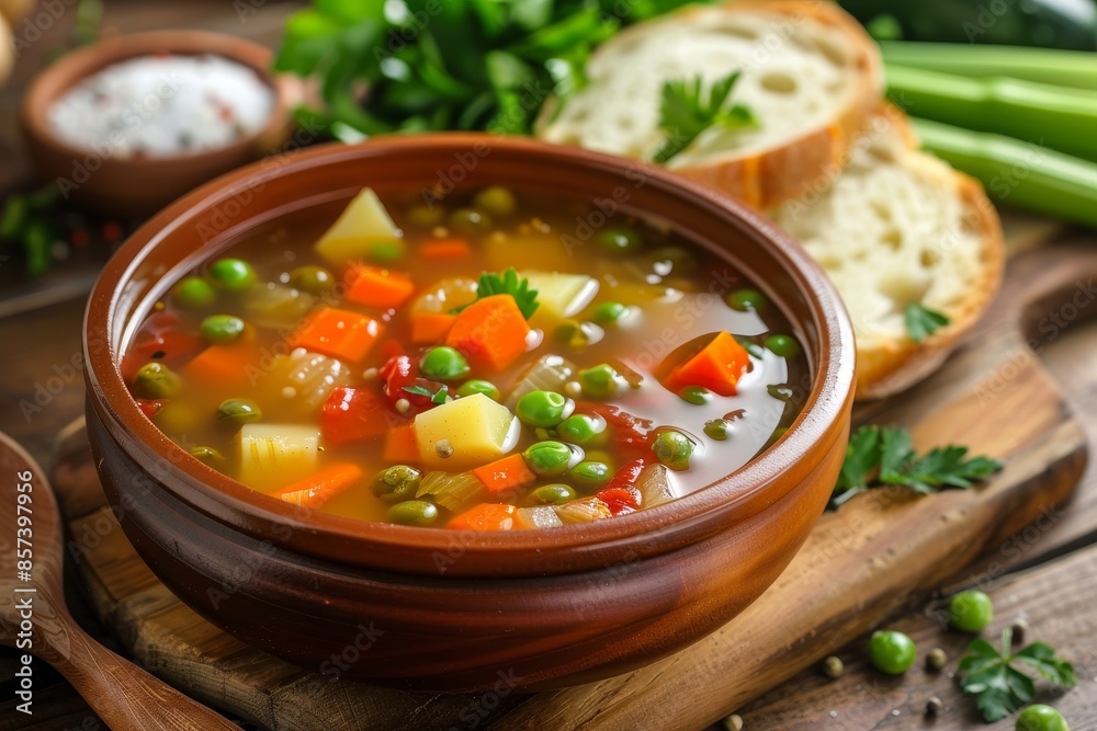 Fresh vegetable soup with baguette slices focus on the vegetables in the soup Fresh vegetable soup with baguette slices focus on the vegetables in the soup