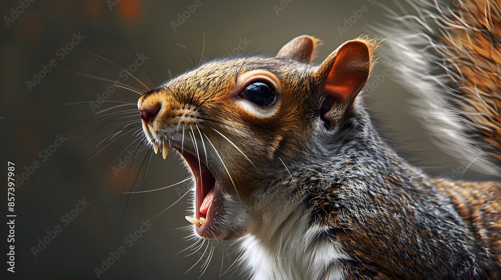 Obraz premium Close up of a grey squirrel yawning. 