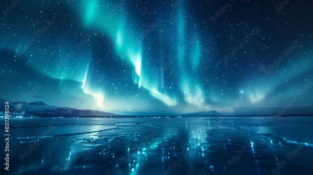 Auroras reflect in still water Mountain range distant; snow-capped peaks in foreground Auroras reflect in still water Mountain range distant; snow-capped peaks in foreground