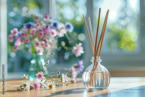 Freshener on table in room with floral scent photo