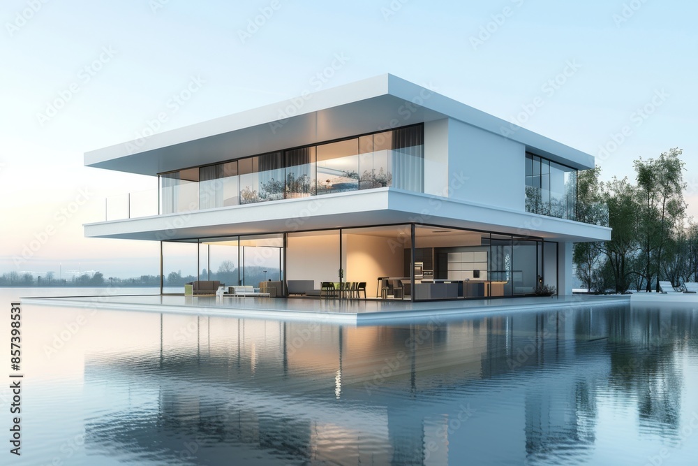 Obraz premium Modern floating luxury home on serene water surface