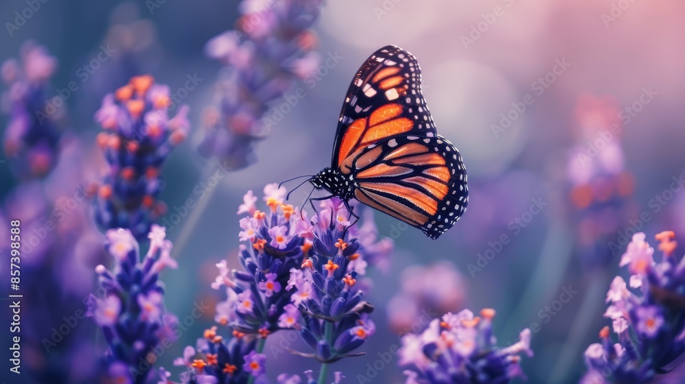  A tight shot of a butterfly perched on a purple-flowered plant, with an out-of-focus background