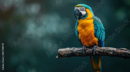  A blue-and-yellow parrot perches on a tree branch against a hazy backdrop of trees