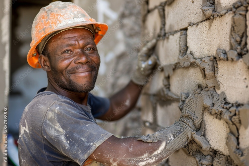 Construction Worker Smiling While Plastering Wall Construction Worker Smiling While Plastering Wall