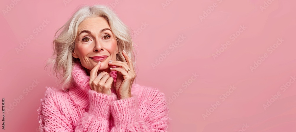Mature woman showcasing facial skincare in pink sweater on harmonious pink backdrop Mature woman showcasing facial skincare in pink sweater on harmonious pink backdrop