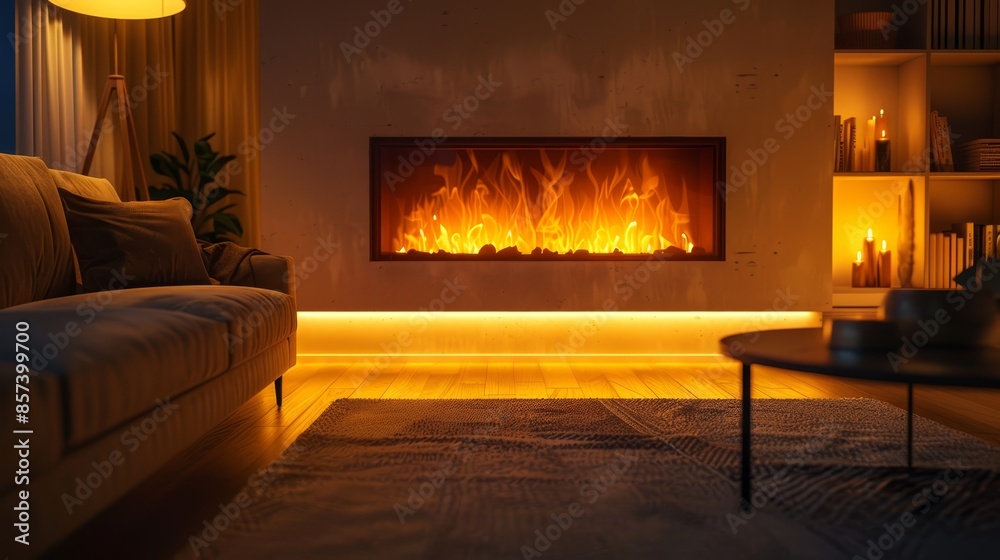 A living room featuring a couch, coffee table, and centrally positioned fireplace A living room featuring a couch, coffee table, and centrally positioned fireplace
