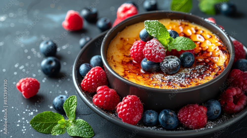 A tight shot of a bowl filled with food on a plate Berries decorate the rim, and mint sprigs gracefully rest beside it A tight shot of a bowl filled with food on a plate Berries decorate the rim, and mint sprigs gracefully rest beside it