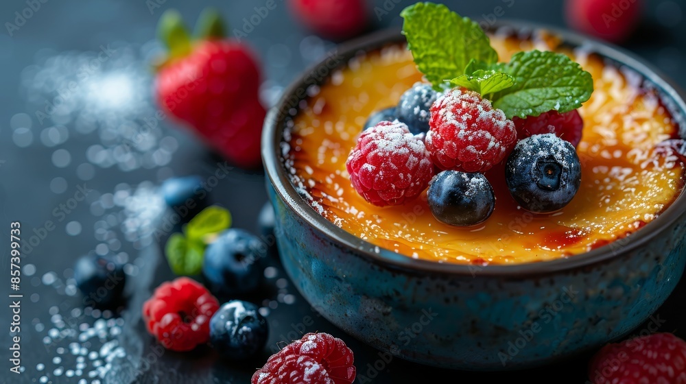 A tight shot of a filled bowl with berries nearby and mint leaves atop it A tight shot of a filled bowl with berries nearby and mint leaves atop it