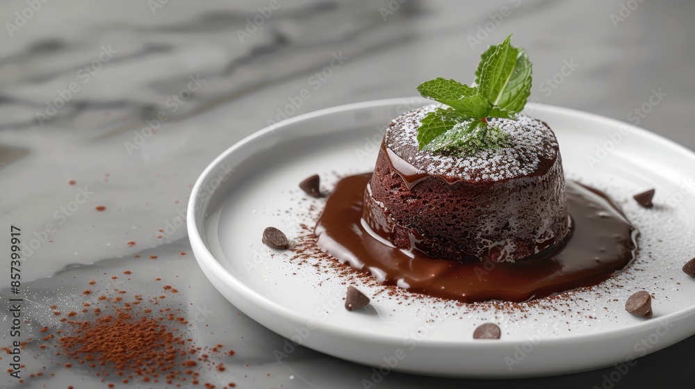A white plate bears a chocolate cake, dusted with powdered sugar, and garnished with a sprig of green leaf A white plate bears a chocolate cake, dusted with powdered sugar, and garnished with a sprig of green leaf