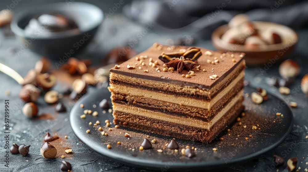 A cake slice sits atop a plate, nearby is a bowl filled with nuts and a spoon rests on the table A cake slice sits atop a plate, nearby is a bowl filled with nuts and a spoon rests on the table