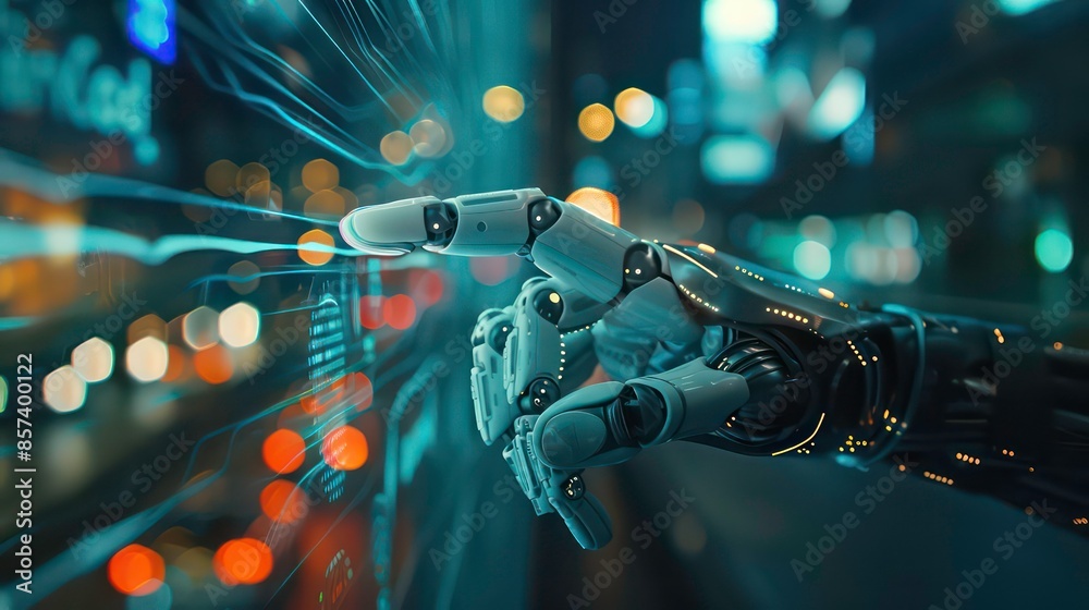 Naklejka premium Finger Robot touch on virtual screen of insurance technology, health family car money travel, Insurtech concept to use AI for customer analysis, customize service. Future insurance industry growing