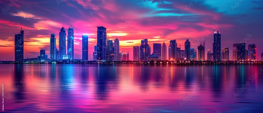Vibrant city skyline at dusk with colorful lights Vibrant city skyline at dusk with colorful lights
