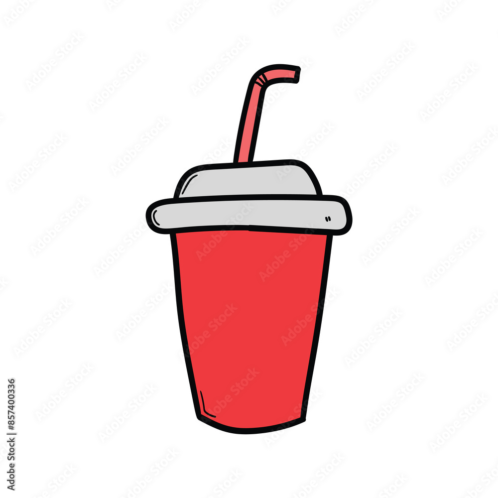 Hand drawn cartoon red cup with a straw on white background. Hand drawn cartoon red cup with a straw on white background.