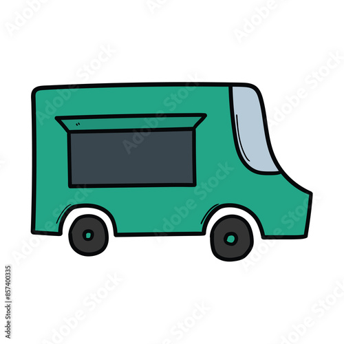 Hand drawn cartoon green food truck on a white background.