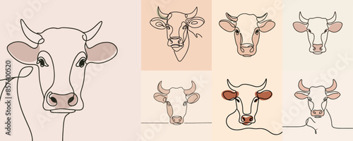 set Vector one line art illustration cow