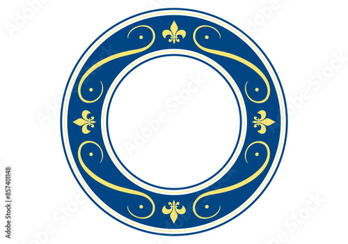 Marco circular elegante azul con símbolos dorados
