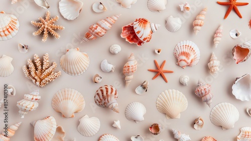A variety of seashells and starfish arranged on a sandy surface, showcasing marine life and coastal beauty in a detailed close-up. photo