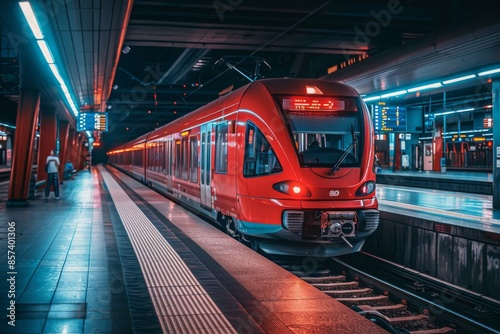 Modern Red Train at Illuminated Urban Station