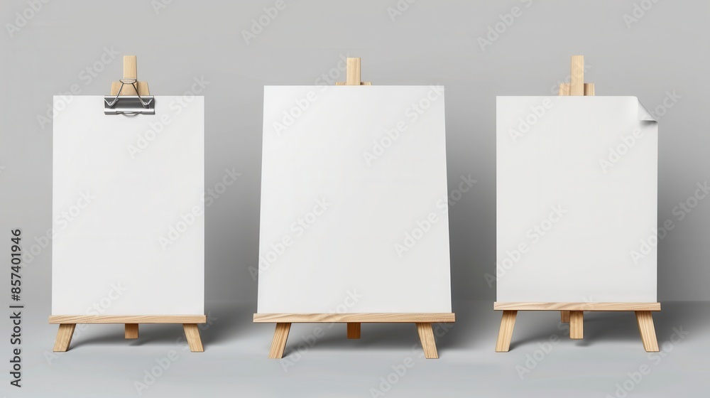 Three blank canvases are set on wooden easels, ready for artistic expression.