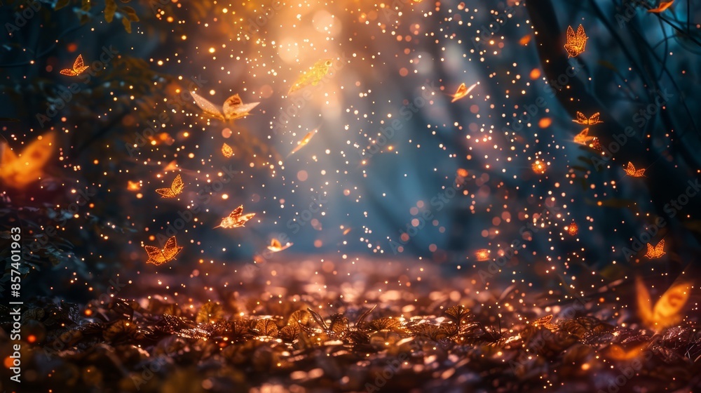 A forest teeming with numerous butterflies flitting among leaves, not two forests A forest teeming with numerous butterflies flitting among leaves, not two forests