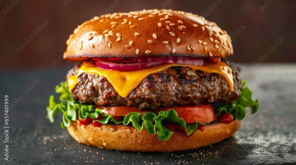 A cheeseburger on a sesame seed bun with lettuce, tomato, onion, and pickles A cheeseburger on a sesame seed bun with lettuce, tomato, onion, and pickles